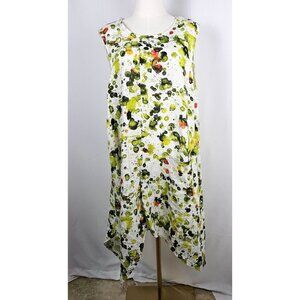 Grizas Green Splash Print Linen Sleeveless Tunic Dress 2XL Asymmetrical Hem Midi